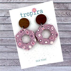 Mokume Gane Pink Purple Patterned Wooden Hexagon Polymer Clay Earrings
